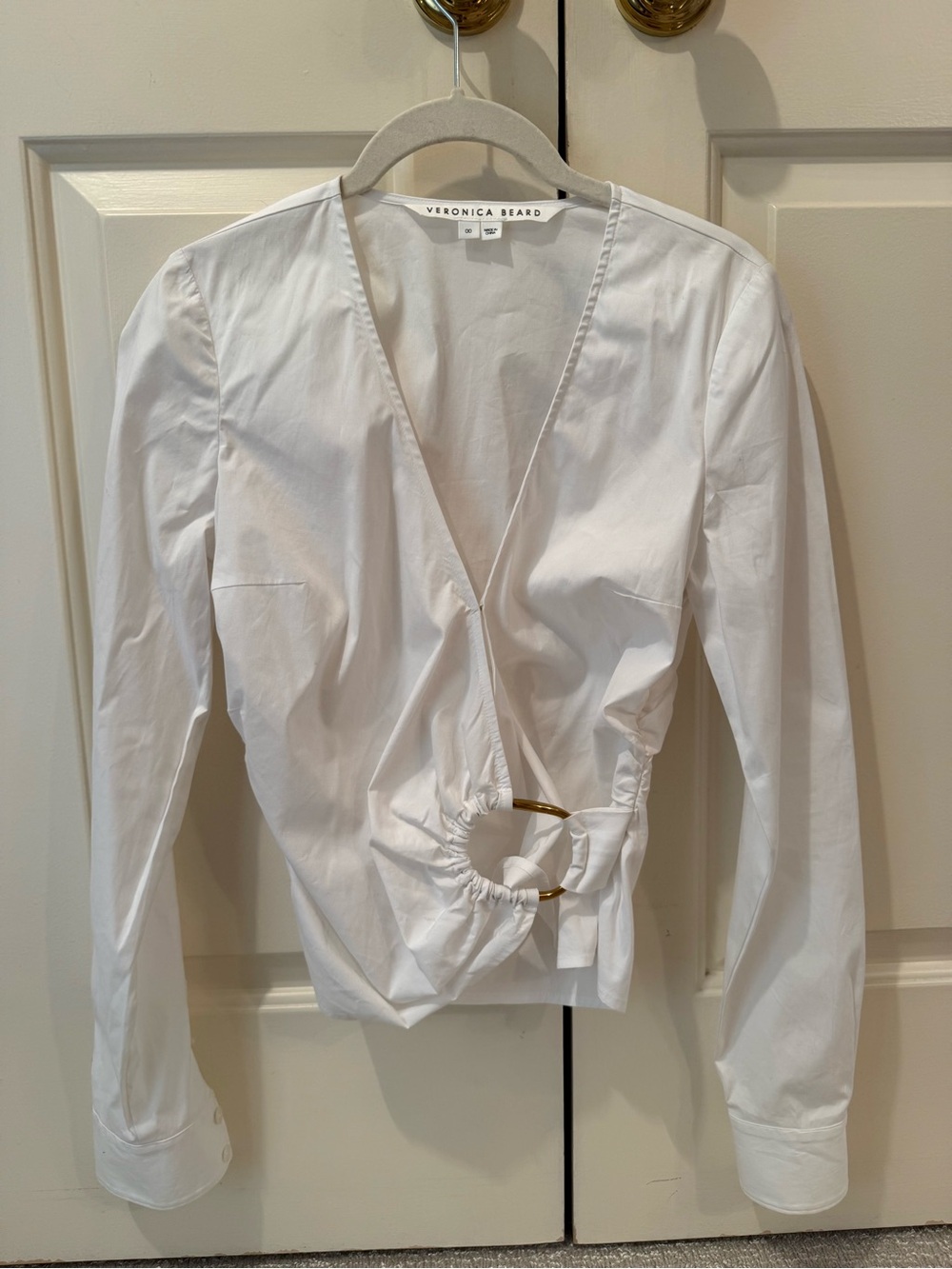 Veronica Beard White Wrap-Style Button Down Top with Gold Ring Detail